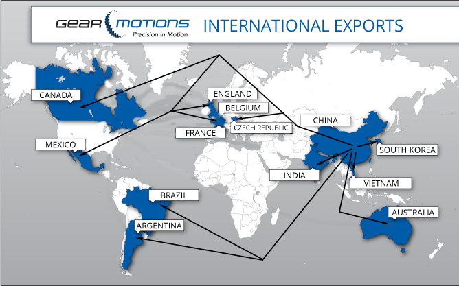 International Exports Map of countries China Gear Motions ships to internationally