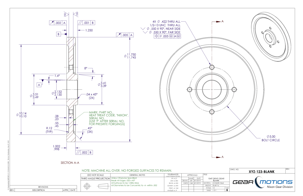 Gear drawing shows dimensional tolerancing and geometric tolerancing to produce a good gear blank for the end product.